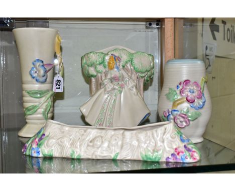 FOUR PIECES OF CLARICE CLIFF POTTERY, comprising a 'Lady Anne' wall pocket 19cm x 17cm (chip and small crack to back), 'My Ga