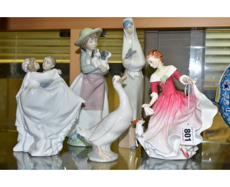 FIVE FIGURINES, comprising Nao goose, Royal Doulton 'My Best Friend' HN3011, Nao bride and groom, Nao girl with puppies, impr