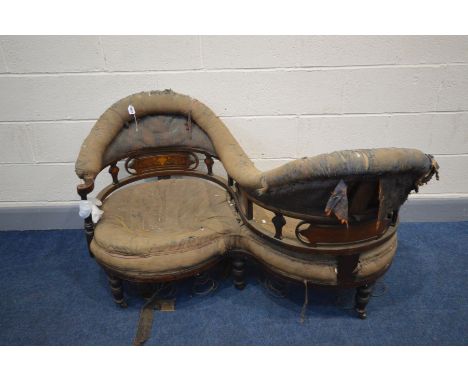 A GEORGIAN MAHOGANY AND MARQUESTRY INLAID CONVERSATION SOFA, with open panels, scrolled armrests and turned legs, length 134c