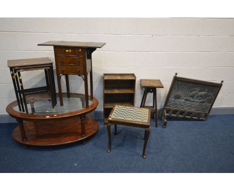 A QUANTITY OF OCCASIONAL FURNITURE, to include a drop leaf lamp table with three drawers, mahogany nest of three tables, oak 