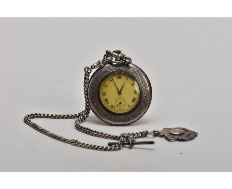 A SILVER OPEN FACE POCKET WATCH WITH AN ALBERT CHAIN AND A FOB MEDAL, round engine turned design dial, Roman numerals, second