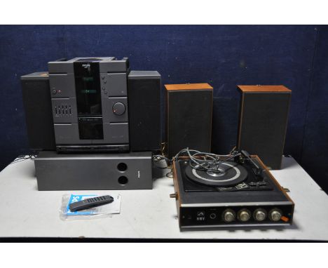 A VINTAGE HMV 2025 RECORD PLAYER with detachable speakers (untested no plug) and a Philips FW2012 Midi Hi Fi with sub and two
