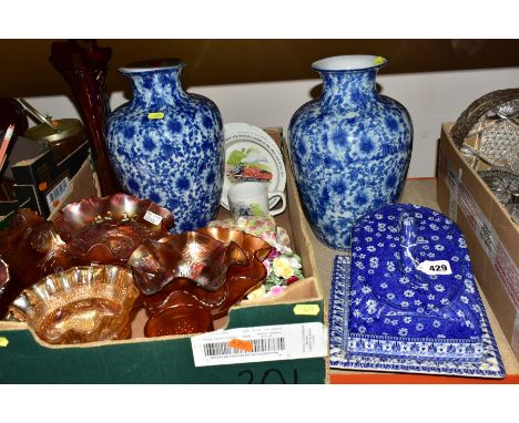 A BOX OF CERAMICS AND GLASSWARE, THREE VASES AND CHEESE DISH, to include seven pieces of Carnival glass (and one larger vase)