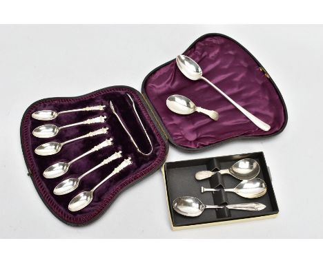 A CASED SEVEN PIECE SILVER TEASPOON SET AND LOOSE SILVER SPOONS, the cased set comprising of six teaspoons, each with a vacan