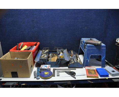 A METAL TOOLBOX, A STEP TOOLBOX AND TWO TRAYS CONTAINING TOOLS including spanners, sockets, tri and combination squares, pain