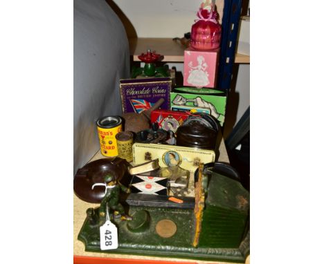 A QUANTITY OF MISCELLANEOUS ITEMS, to include Coronation Souvenir tins, vintage and other advertising, a quantity of cheese l