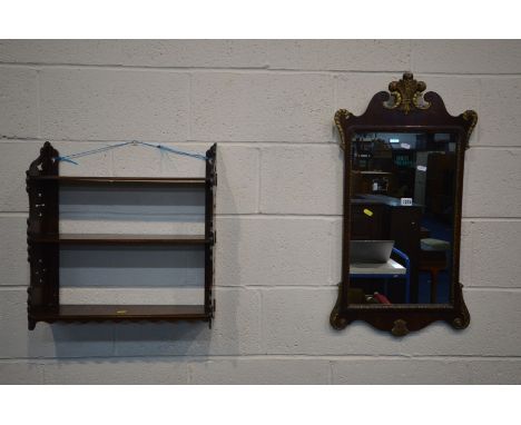 A GEORGIAN STYLE GILT AND MAHOGANY WALL MIRROR, 45cm x 82cm and a mahogany three tier wall shelf (2)