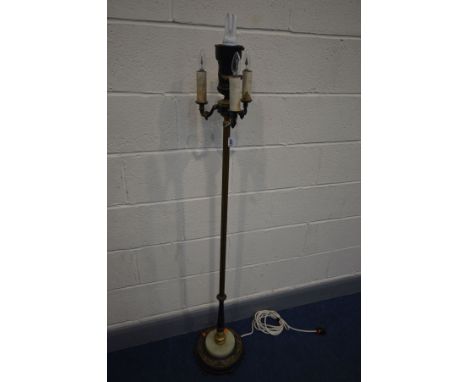 A FRENCH STYLE EBONISED AND GILT TRIPLE BRANCH STANDARD LAMP, height 147cm