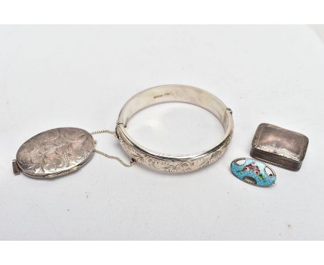 A SILVER BANGLE, LOCKET, PILL BOX, AND A GUILLOCHE ENAMEL BROOCH, the hinged bangle decorated with an engraved foliate design