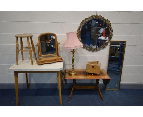 A SELECTION OF VARIOUS FURNITURE, to include a mahogany sofa table, marbleized kitchen table, Victorian dressing mirror, two 