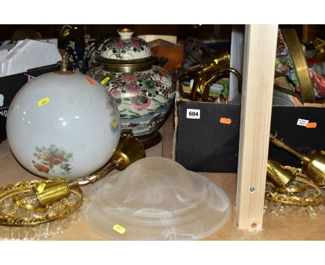 VARIOUS LIGHT FITTINGS AND SHADES, to include a bulbous table lamp, floral and bird designs, approximate height 36cm to fitti