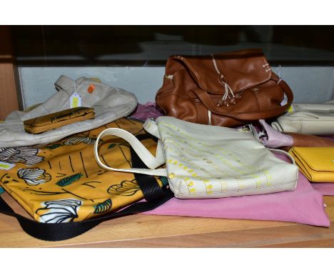 EIGHT RADLEY ITEMS:- FIVE BAGS AND THREE PURSES comprising yellow fabric bag 26cm x 31cm with matching purse (bag has dog sha