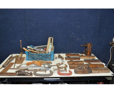 TWO TRAYS CONTAINING CARPENTERS TOOLS including a vintage wooden plough plane, eight moulding planes, a coffin plane, two Rec