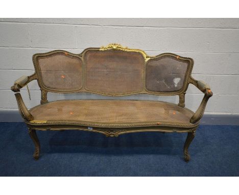 A LOUIS XV STYLE BERGERE SOFA, with open armrests, length 153cm x depth 64cm x height 92cm (condition - ideal for restoration