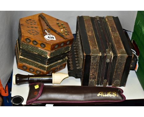 TENOR RECORDER IN SOFT CASE, AN ACCORDIAN AND A CONCERTINA, the late 19th/early 20th Century concertina with ten buttons to e