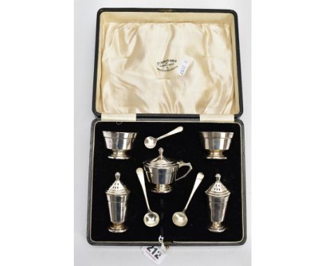 A CASED FIVE-PIECE SILVER CONDIMENT SET, comprising of two salts each with blue glass inserts, a mustard with cover and a blu