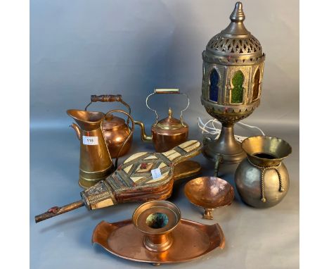 A selection of copper and brass ware; Moroccan brass table lamp