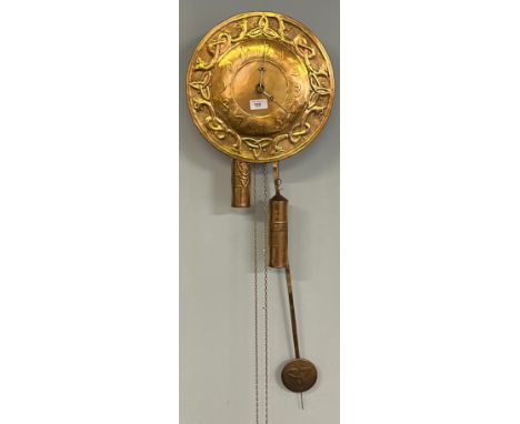 Antique Arts and crafts brass worked  Celtic design wall clock with pendulum &amp; weights 