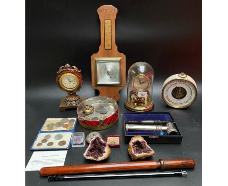 A selection of collectables clocks, barometer, vintage medical instruments &amp; collection of coins &amp; compass 