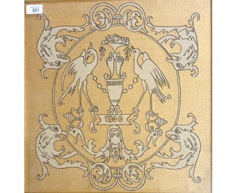 Antique needle work tapestry depicting cranes and urn centre piece, within an oak frame. [Frame 52x51cm]