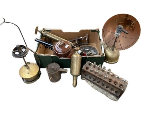 A collection of antique salvage collectables; vintage turkey radiator lamp &amp; brass fire extinguisher 