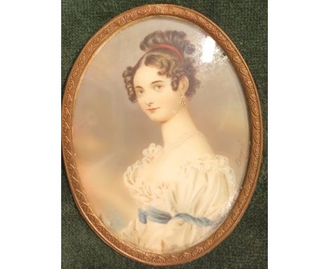 19th century Watercolour portrait of a young lady. Signed Frapie, Fitted within a green velvet and gilt metal framing. [19.5x