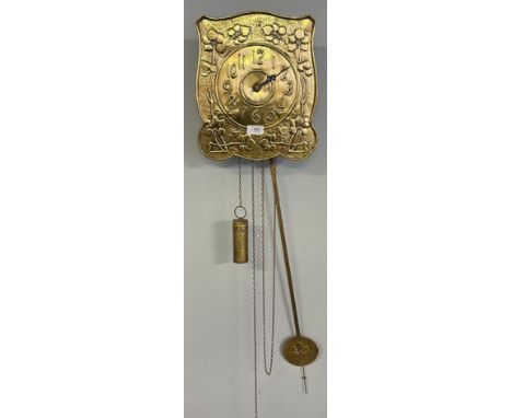 Antique arts and crafts brass worked foliage design wall clock with pendulum &amp; weight 