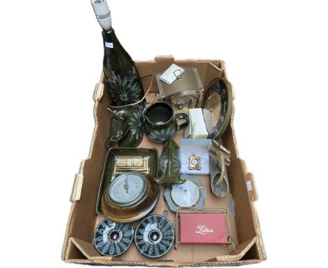 A Selection of collectables &amp; clocks; Devon Lotus studio pottery, Metamec wall clock &amp; art deco style desk calendar 