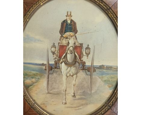 19th Century watercolour depicting a gentleman on a horse drawn carriage, unsigned. Details to the back detailing the owners 