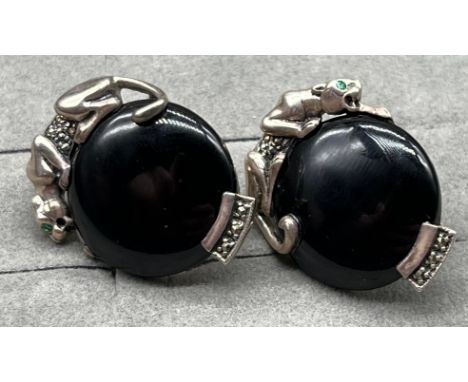 A Pair of Vintage 1990's Ari D Norman Silver Jaguar and black stone earrings. 