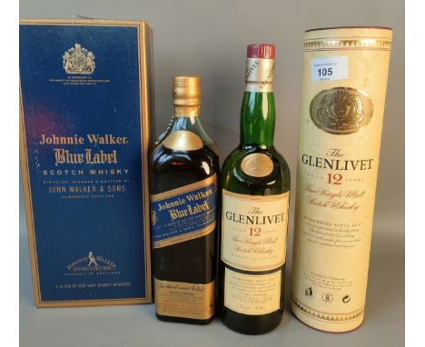 A bottle of Johnny walker blue label scotch whisky with display box together with A bottle of Glenlivet 12 year old with box 