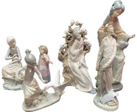 A collection of Lladro &amp; nao figures; large oriental figure &amp; girl playing violin [some are damaged] 