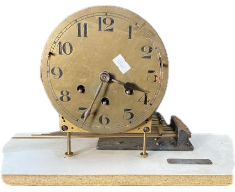 A 19th century brass clock face &amp; movement on modern wooden plinth- Westminster chime,  presented to Mr John Bertram date