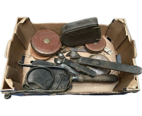 A box of military German tools; patent Huber spanners &amp; antique measurements tapes 