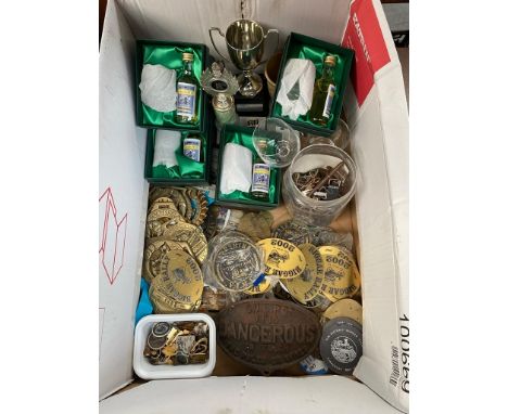 A large collection of Scottish related loose steam engine plaques, trophies and Ferguson presentation alcohol miniatures date