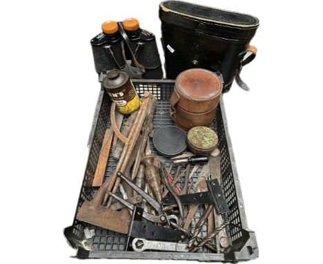 A box of antique tools, sprit stove &amp; set of Hans Weiss 20x 50 binoculars 