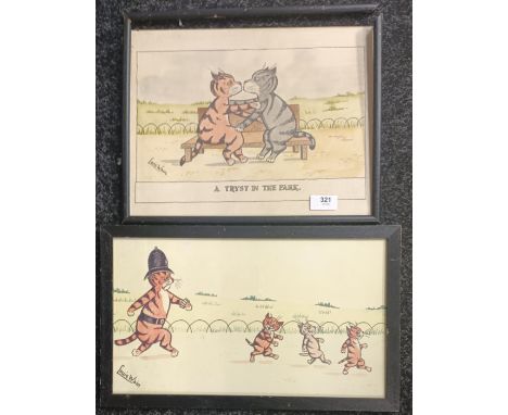 Louis Wain Comical print depicting police cat chasing three young kittens, together with a pen and watercolour of two cats ki