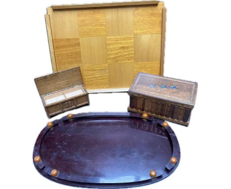 A collection of vintage trays; Scottish light oak tray &amp; Bakelite tray along with two souvenir boxes 