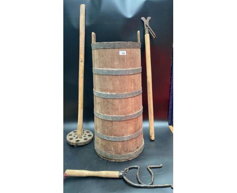 A Large antique butter churn bucket &amp; collection of antique tools 