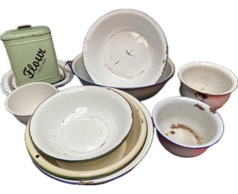 A collection antique kitchen enamel ware; flour tin &amp; bowls 