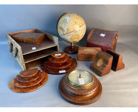 A collection of collectables; interior world globe on stand, pair of Edwardian bookends &amp; vintage barometer 