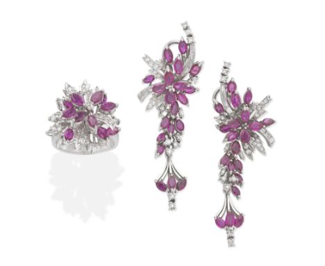 RUBY AND DIAMOND PENDENT EARRINGS AND RING SUITEMarquise-cut rubies and baguette and single-cut diamonds,  diamonds approx. 0