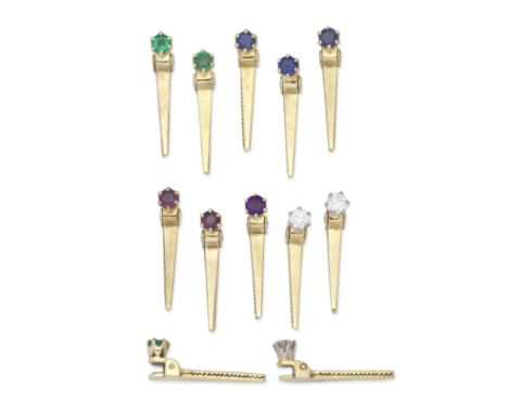 MIKE MILLIGAN: TWELVE GEM-SET HAIR PINSComprising three circular-cut sapphire and emerald pins, three brilliant-cut diamond p