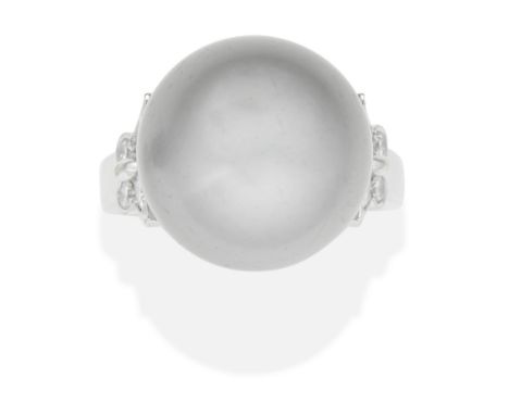 VAN CLEEF &amp; ARPELS: CULTURED PEARL AND DIAMOND RINGThe 14.8mm cultured pearl of grey tint, between two brilliant-cut diam