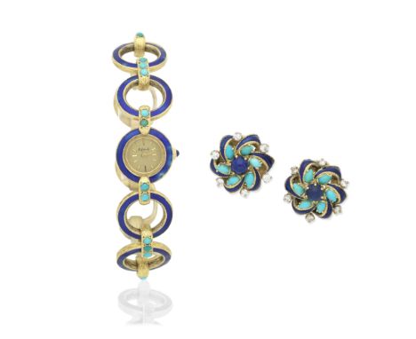 KUTCHINSKY: ENAMEL AND TURQUOISE WATCH, AND ENAMEL AND GEM-SET EARCLIPS, CIRCA 19681st: The circular dial with baton hourmark