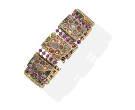 INDIAN GEM-SET AND ENAMEL BRACELET, 19TH CENTURYEach panel of floral design, set with colourless gemstones within foiled, clo