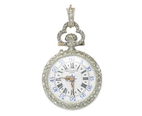 BOUCHERON: DIAMOND-SET FOB WATCH, CIRCA 1900The circular dial with Roman and Arabic hourmarkers, within a rose-cut diamond be
