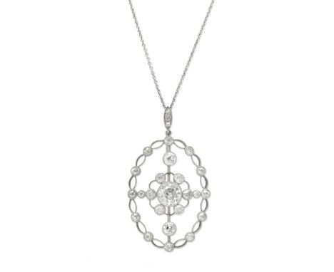DIAMOND PENDANT/NECKLACE, CIRCA 1915Of openwork design, set with cushion-shaped diamonds,  principal diamond approx. 1.00ct, 