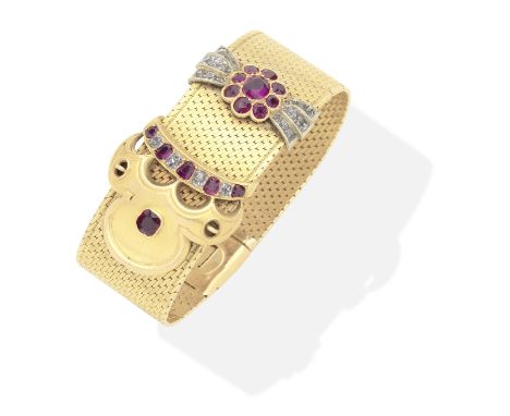 RUBY AND DIAMOND-SET BRACELETOf buckle design, set with cushion-shaped diamonds and rubies, on a mesh-link strap, length 15.5