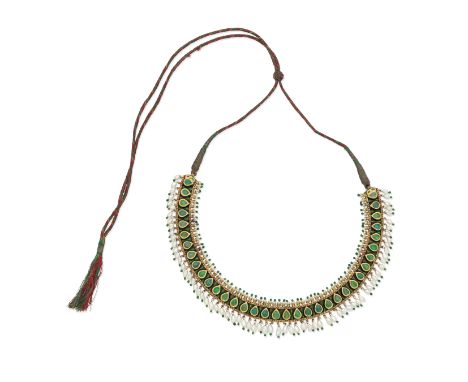 INDIAN GEM-SET AND ENAMEL NECKLACECabochon gemstones set atop green foiled backing, with pearl tassels and decorated with pol